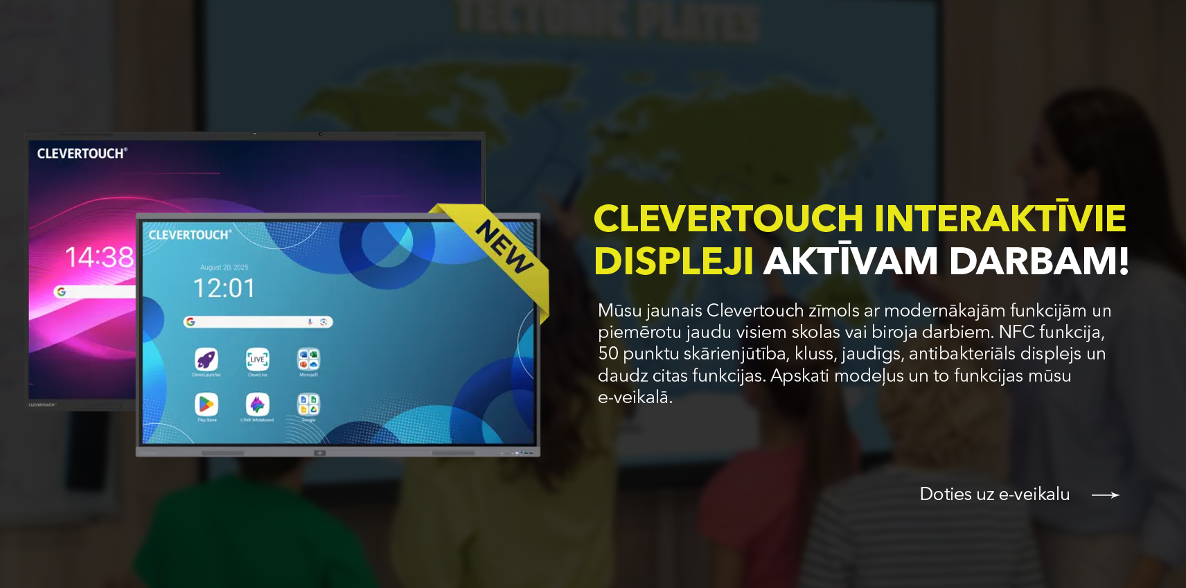Clevertouch interaktīvie displeji ar NFC funkciju, 50 punktu skārienekrānu, darbam skolās un birojos