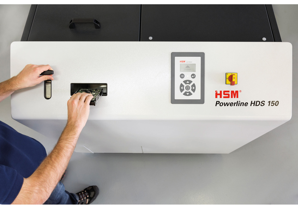 HSM Powerline HDS 150 - 40mm cieto disku un zibatmiņu smalcinātājs industriālām vajadzībām datu iznīcināšanai