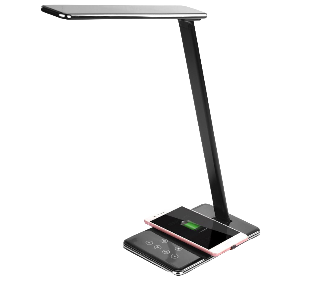 Rīki un piederumi attālinātam darbam - lēta LED galda lampa ar platformu bezvadu telefona uzlādēšanai media-tech