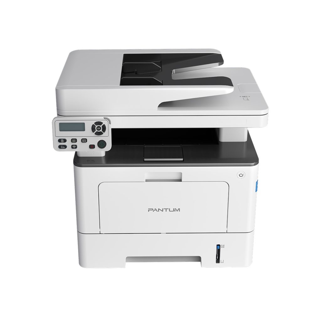 PANTUM BM5100ADW melnbalts daudzfunkciju printeris ar drukas, kopēšanas un skenēšanas funkcijām, un drukas ātrumu 40 lapas minūtē.
