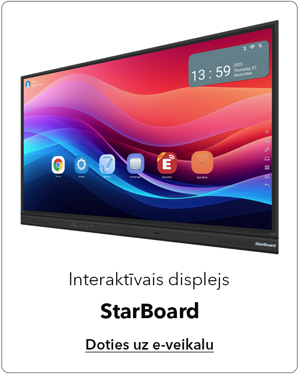Ja Tevi interesē Stikla tāfele ar iebūvētu interaktīvo displeju, tad Tevi varētu interesēt arī interaktīvais displejs StarBoard, kurš ir pieejams 65, 75 un 86 collu izmēros