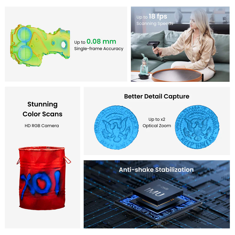 Revopoint Pop 3 Plus 3D skeneris profesionālam pielietojumam ļoti precīzai un ātrai skenēšanai lieliem un maziem objektiem.